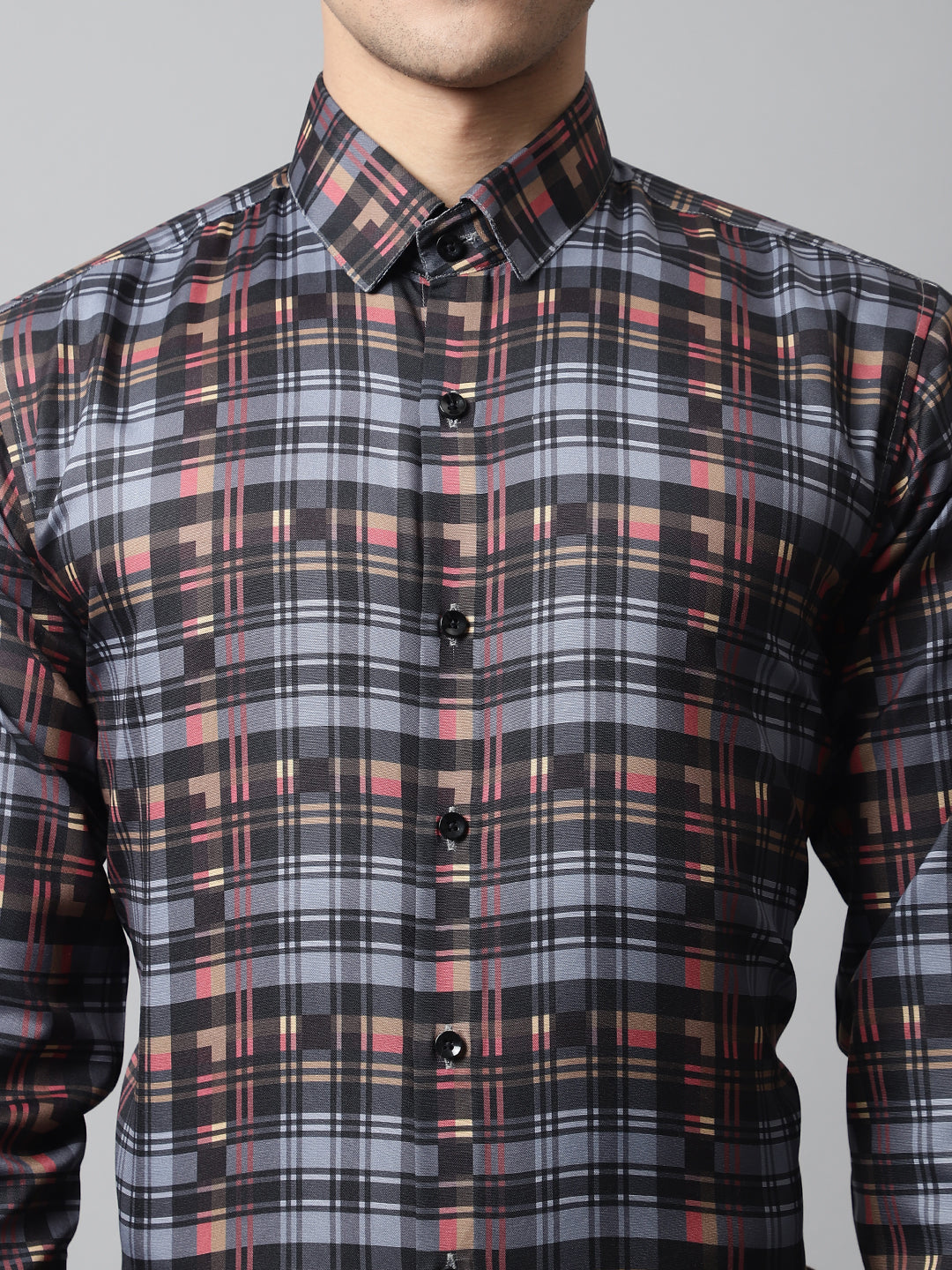 Men's Grey Checks Regular Fit Cotton Formal Shirt - Taantav