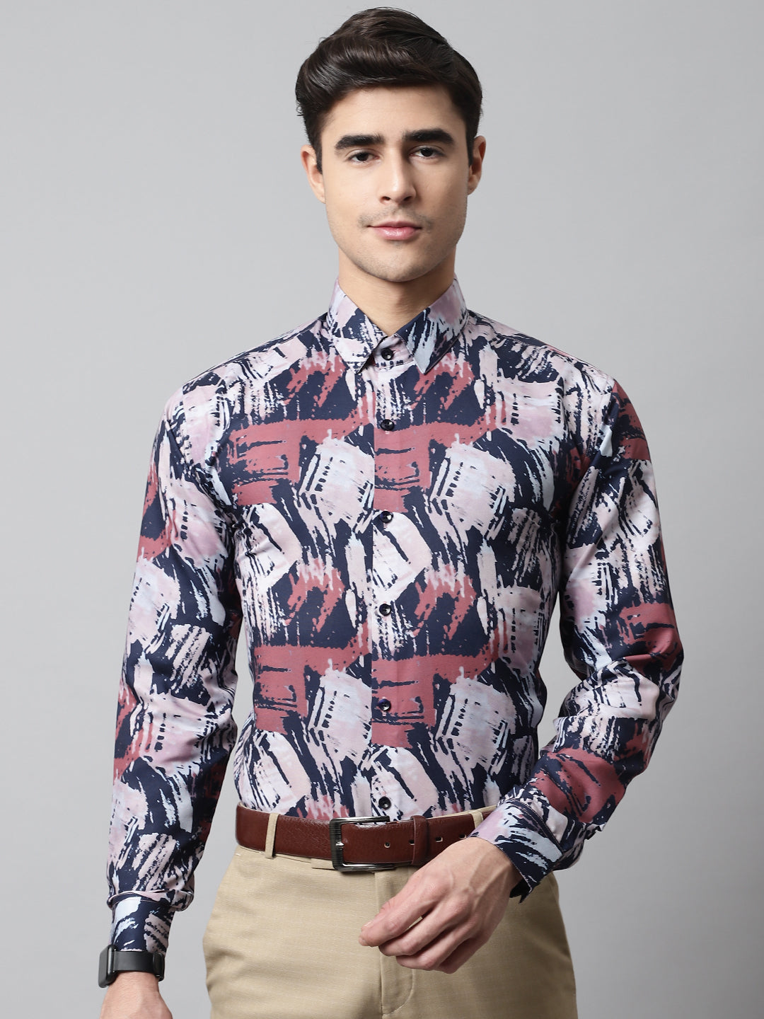 Men's Grey Classic Printed Formal Shirt - Taantav