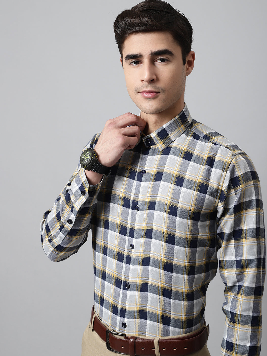 Men's Navy Blue and Grey Checks Regular Fit Cotton Formal Shirt - Taantav