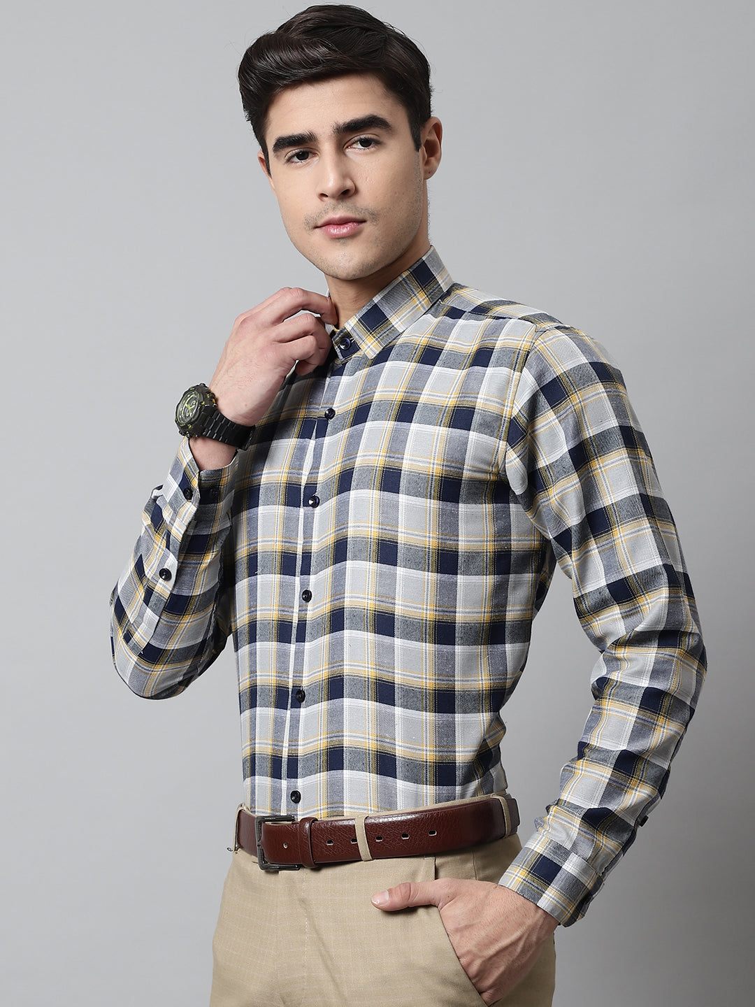 Men's Navy Blue and Grey Checks Regular Fit Cotton Formal Shirt - Taantav