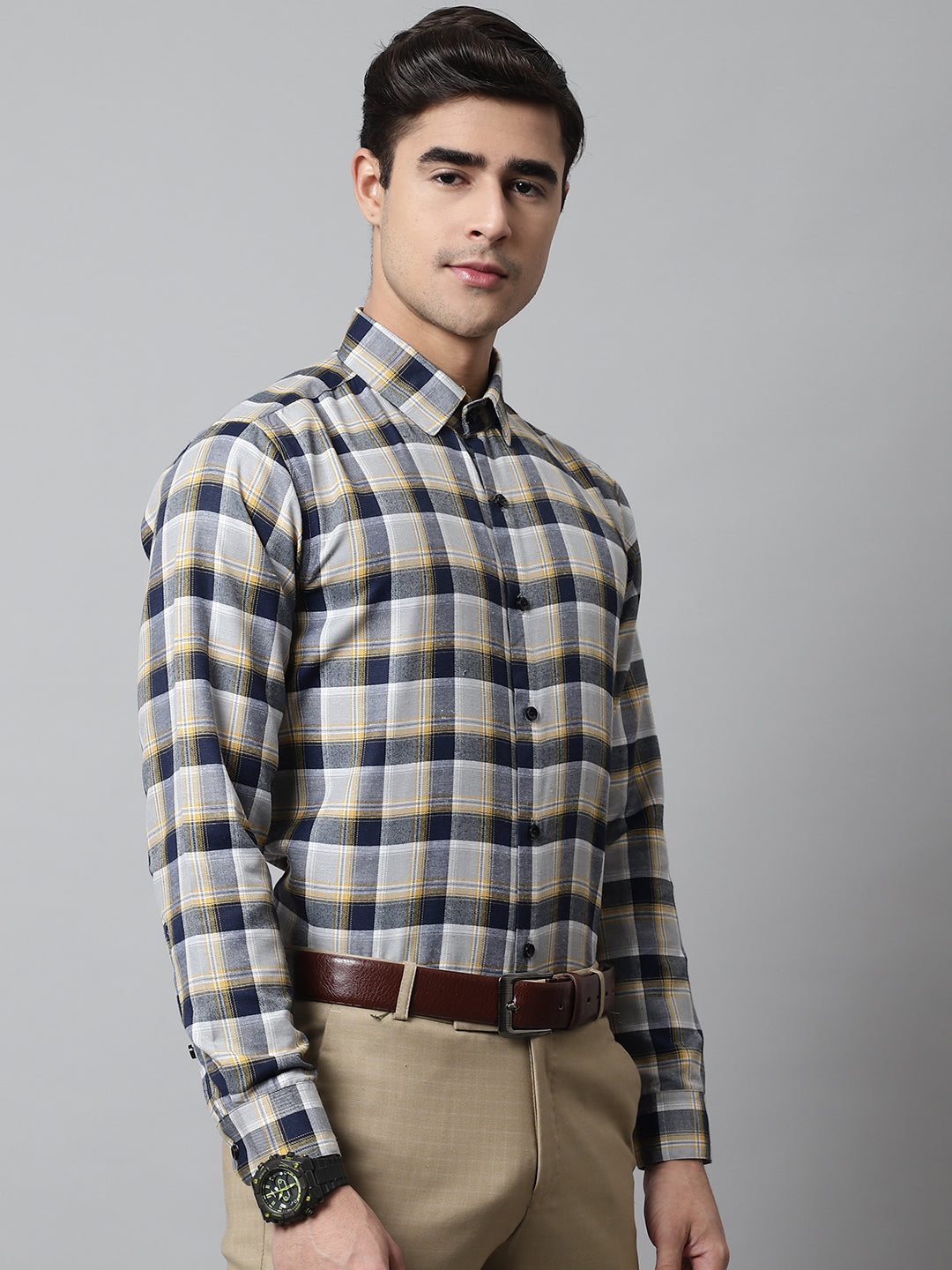 Men's Navy Blue and Grey Checks Regular Fit Cotton Formal Shirt - Taantav