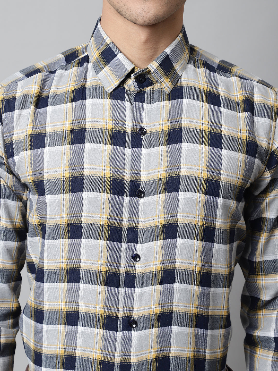 Men's Navy Blue and Grey Checks Regular Fit Cotton Formal Shirt - Taantav