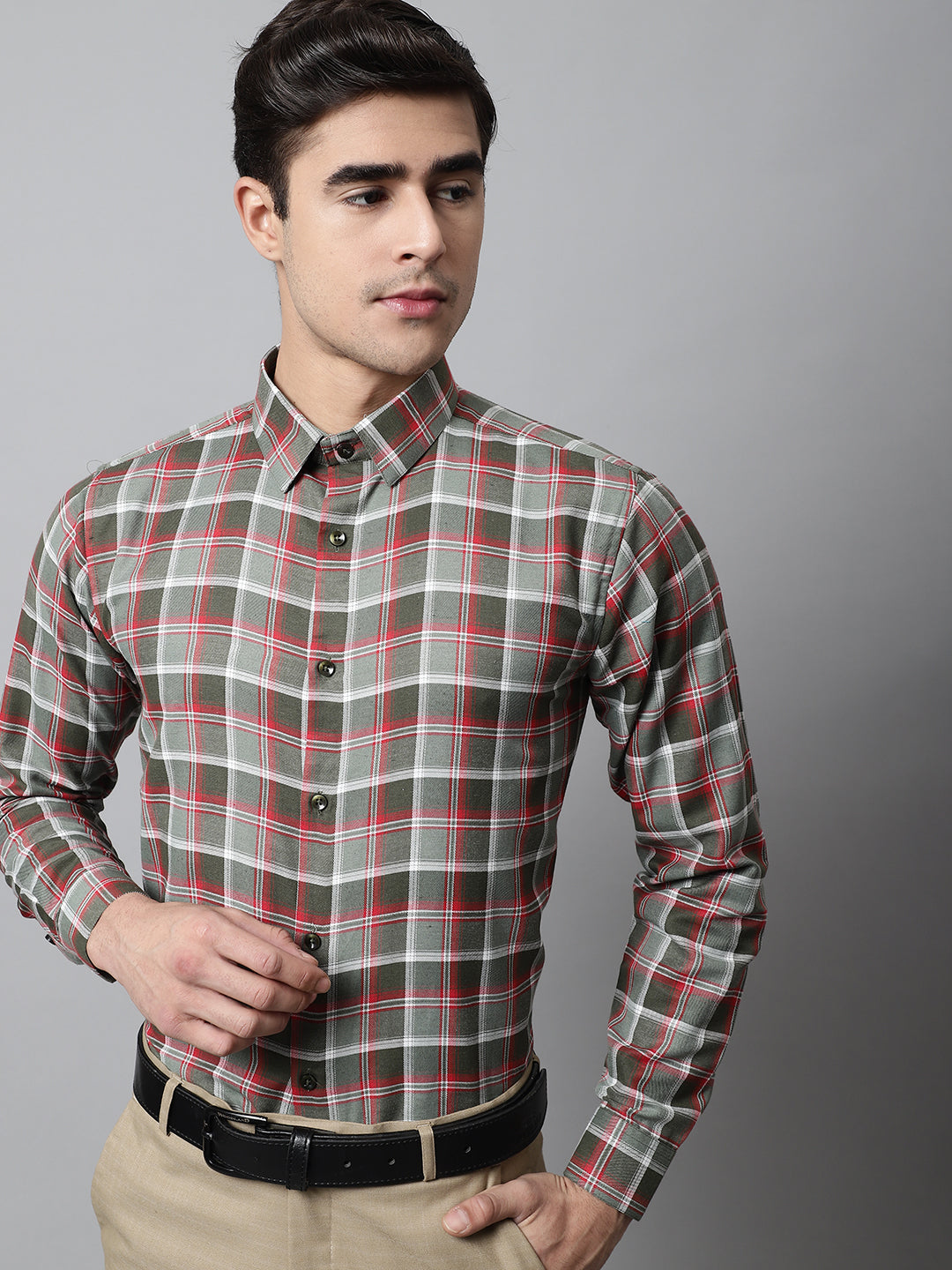 Men's Olive and Red Checks Regular Fit Cotton Formal Shirt - Taantav