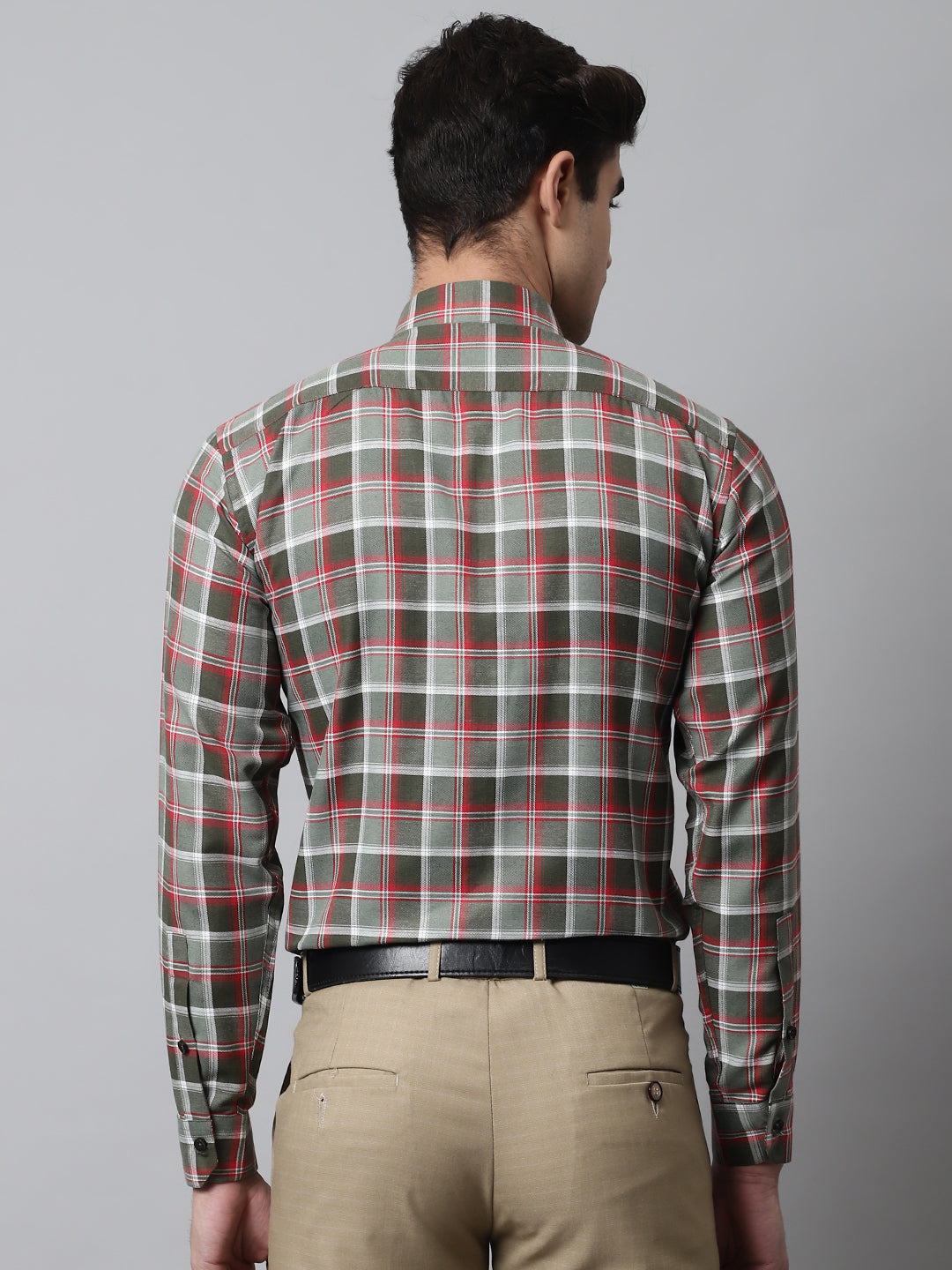 Men's Olive and Red Checks Regular Fit Cotton Formal Shirt - Taantav