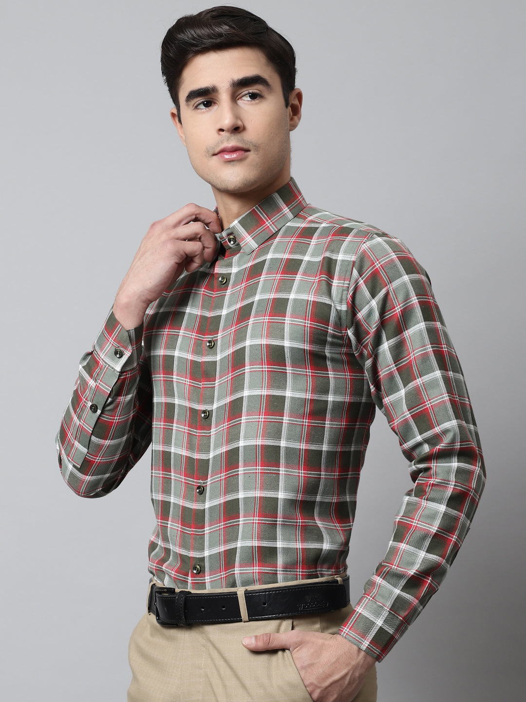 Men's Olive and Red Checks Regular Fit Cotton Formal Shirt - Taantav