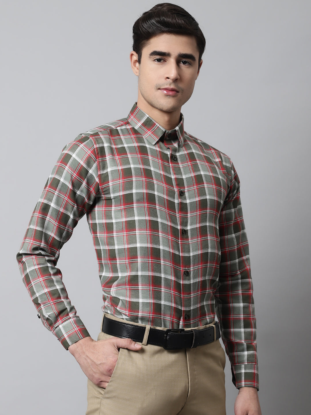 Men's Olive and Red Checks Regular Fit Cotton Formal Shirt - Taantav