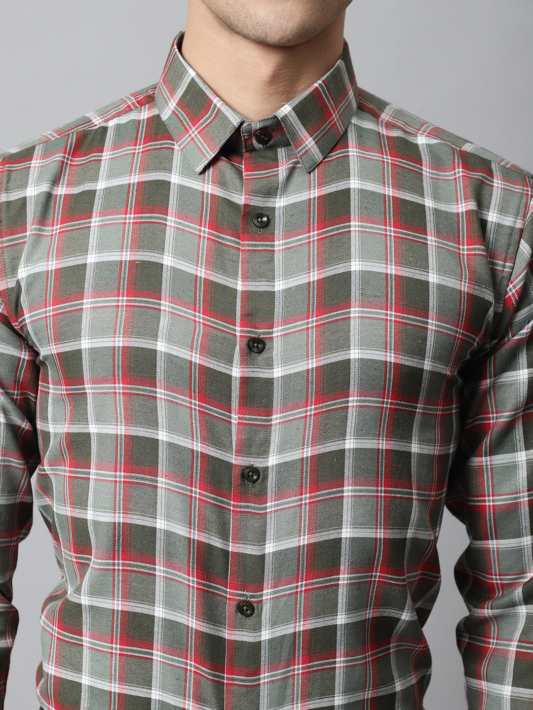 Men's Olive and Red Checks Regular Fit Cotton Formal Shirt - Taantav