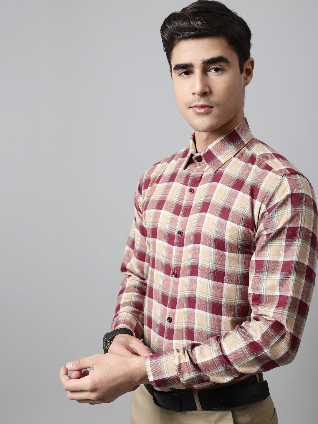 Men's Red and Beige Checks Regular Fit Cotton Formal Shirt - Taantav