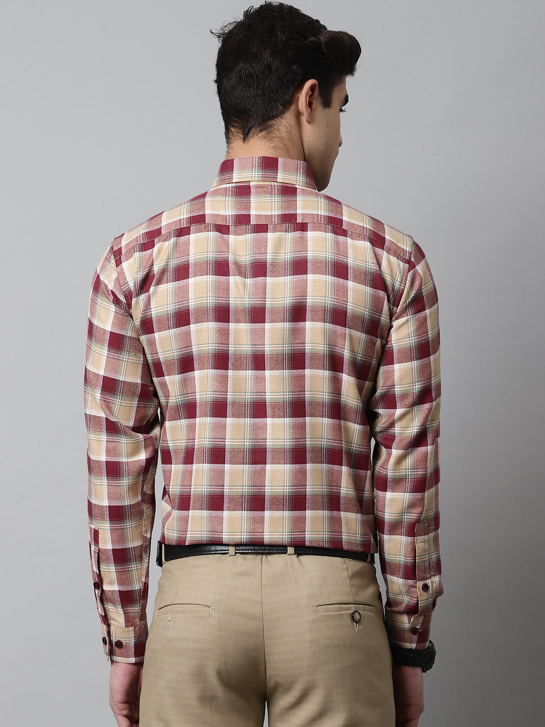 Men's Red and Beige Checks Regular Fit Cotton Formal Shirt - Taantav