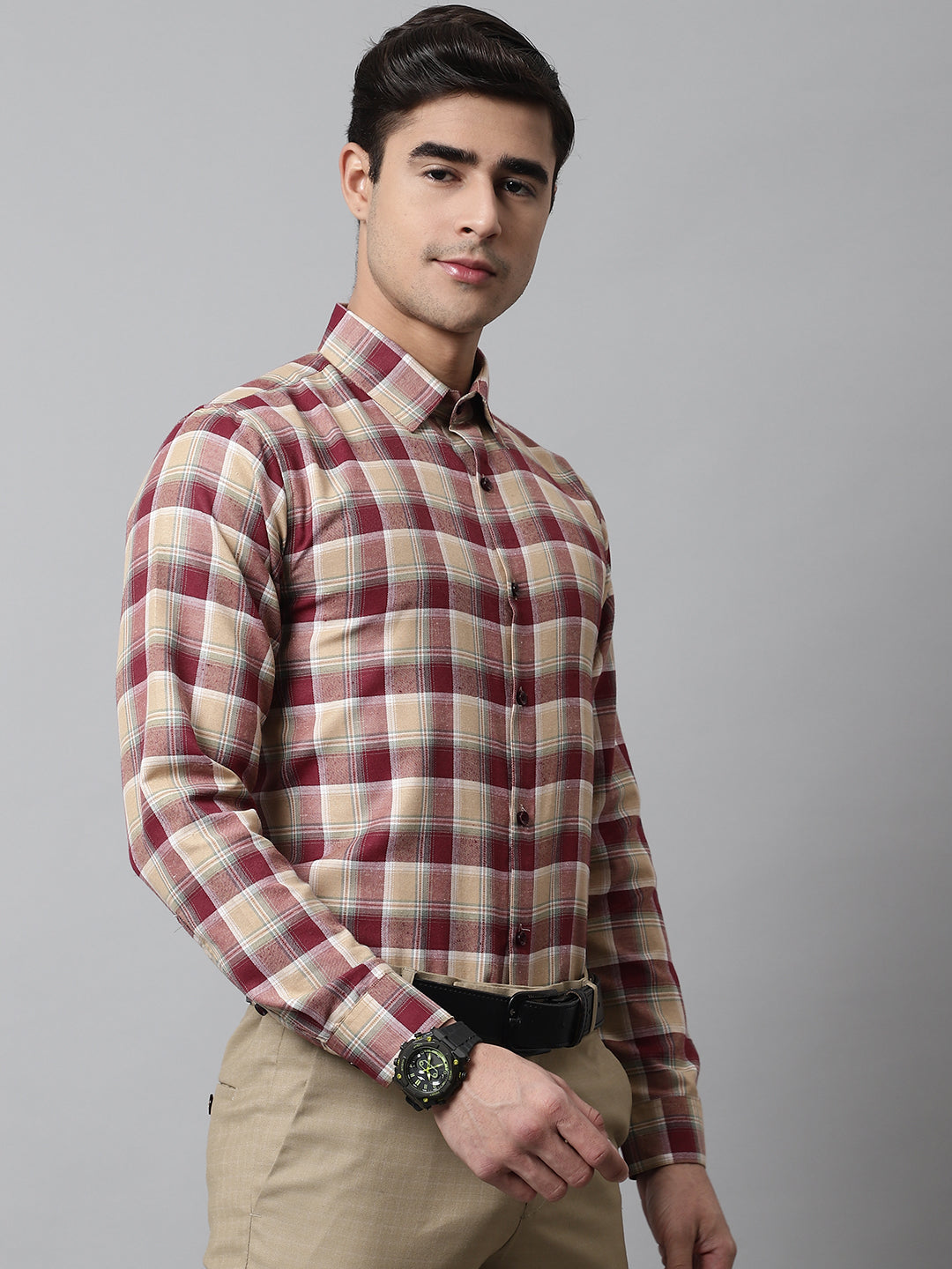 Men's Red and Beige Checks Regular Fit Cotton Formal Shirt - Taantav