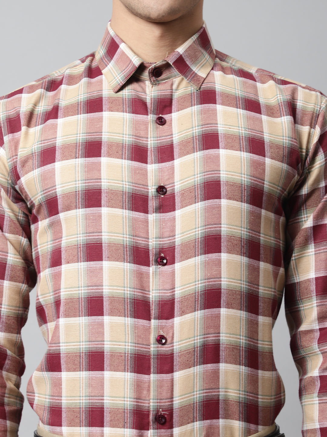 Men's Red and Beige Checks Regular Fit Cotton Formal Shirt - Taantav