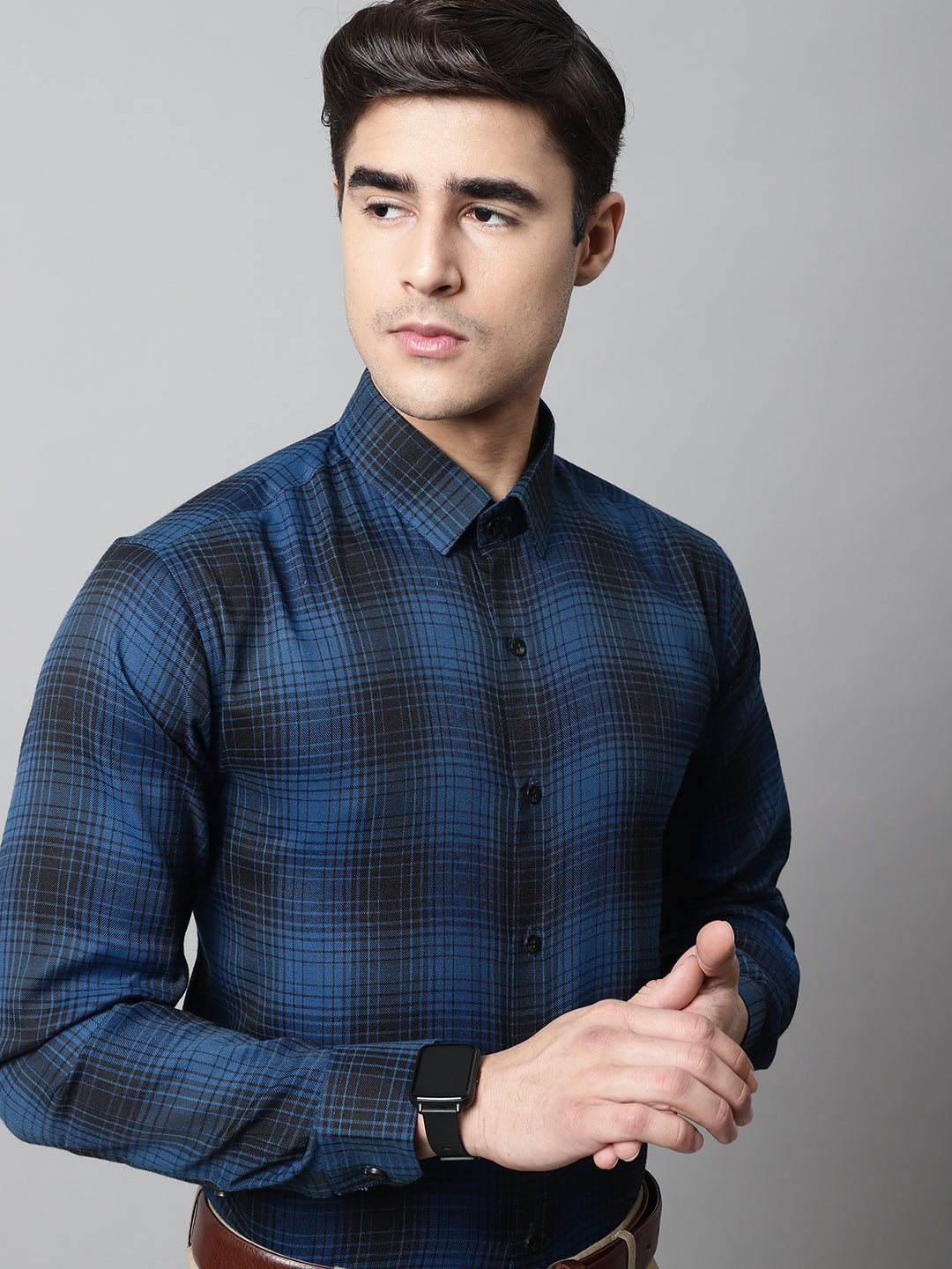 Men's Peacock Blue Checks Regular Fit Cotton Formal Shirt - Taantav