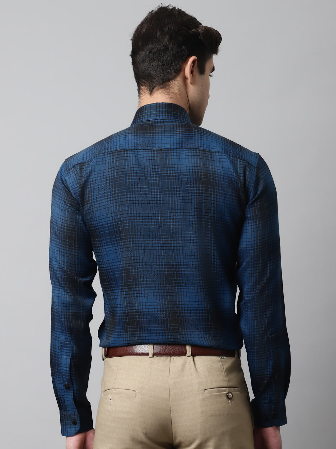 Men's Peacock Blue Checks Regular Fit Cotton Formal Shirt - Taantav