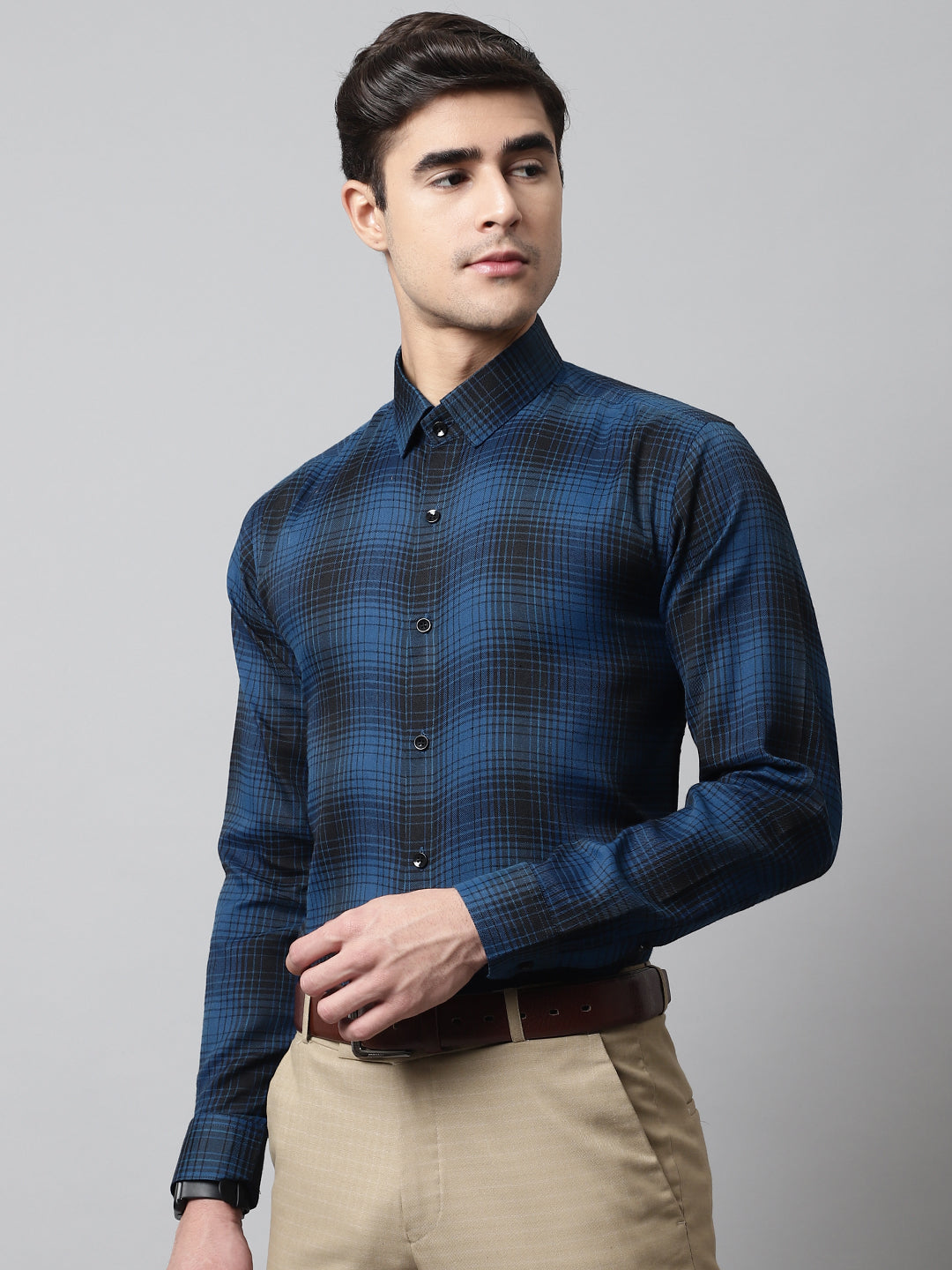 Men's Peacock Blue Checks Regular Fit Cotton Formal Shirt - Taantav