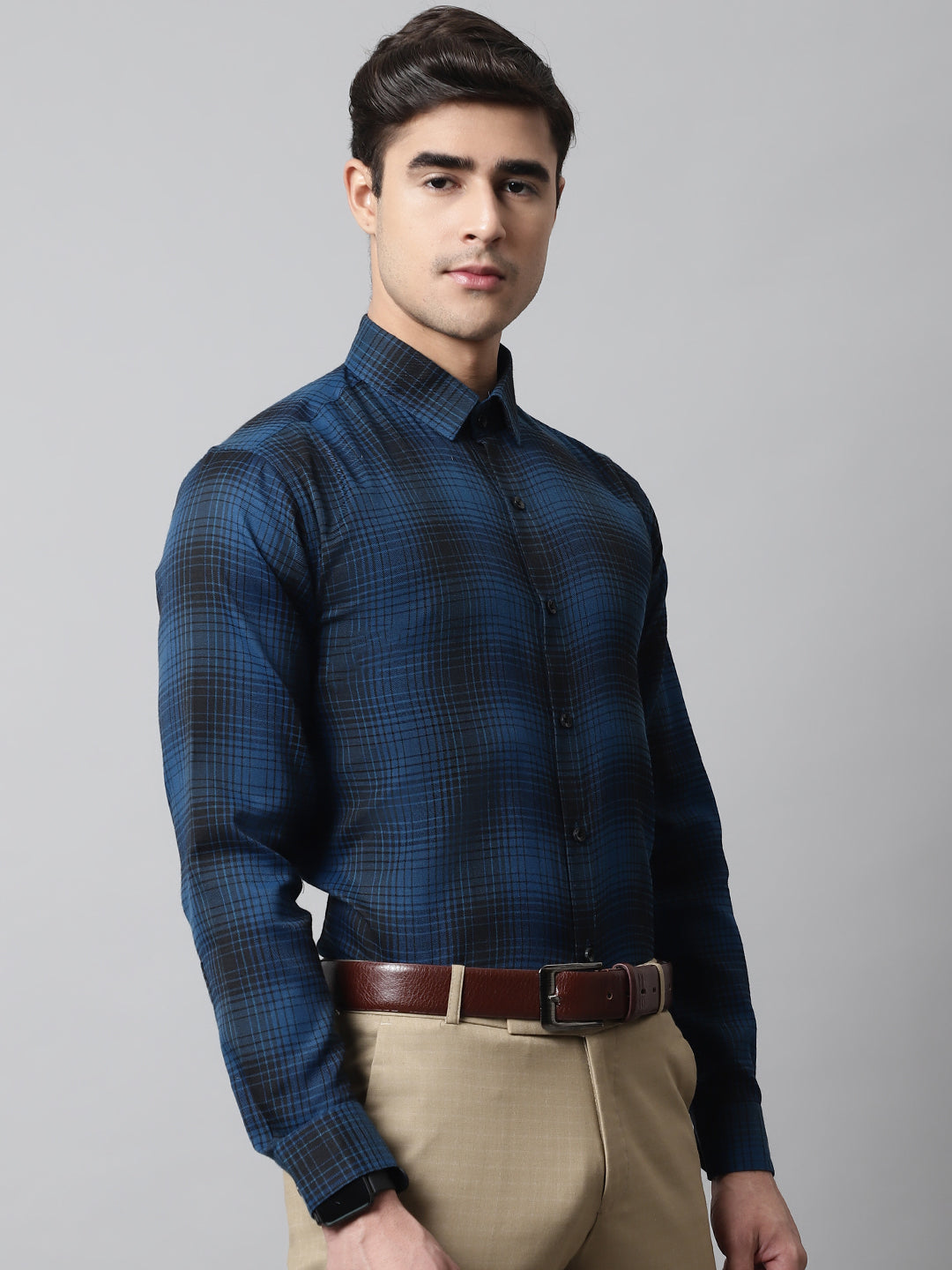 Men's Peacock Blue Checks Regular Fit Cotton Formal Shirt - Taantav