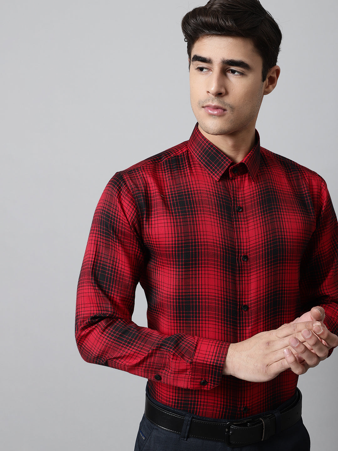 Men's Red Checks Regular Fit Cotton Formal Shirt - Taantav