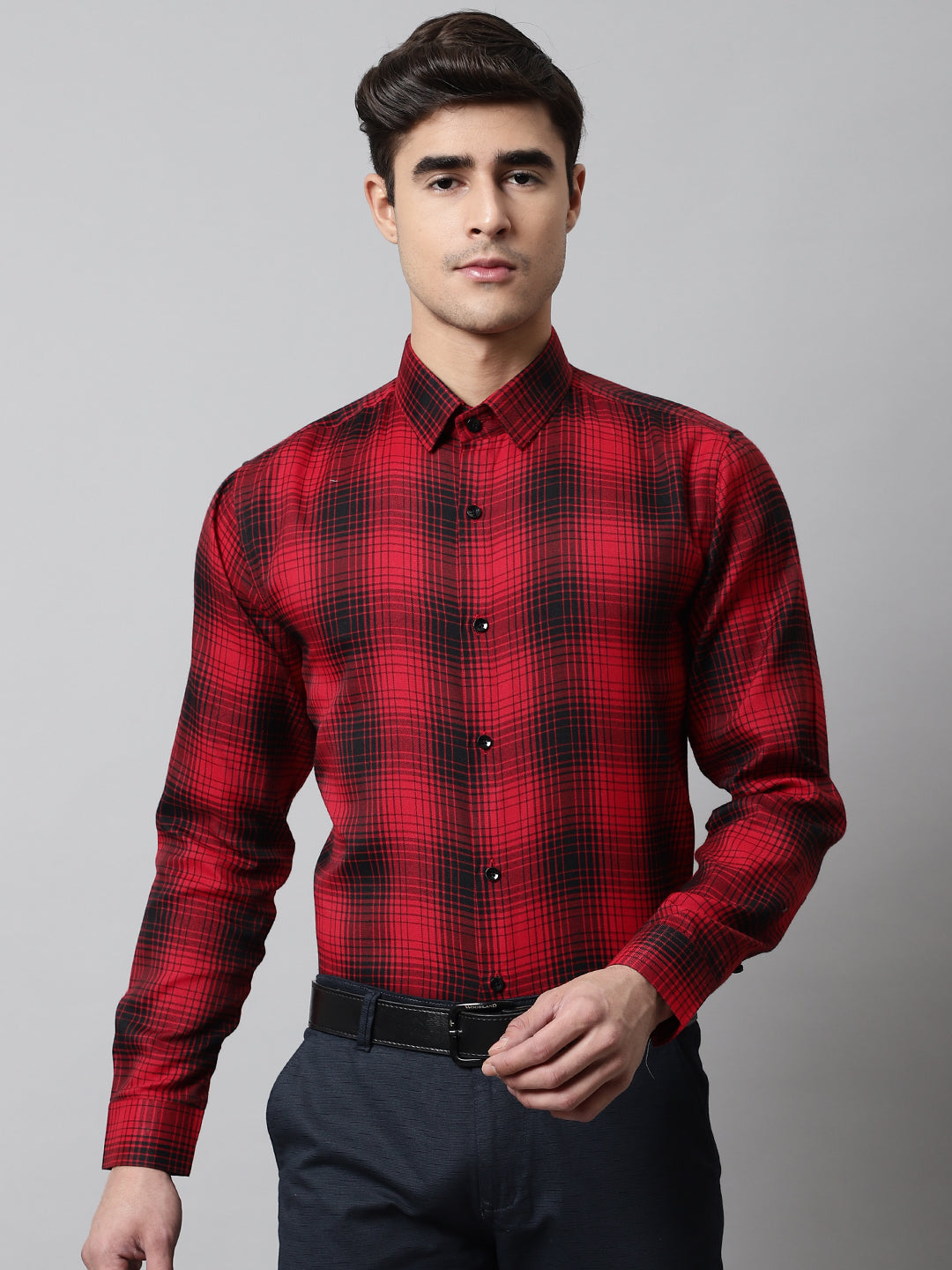 Men's Red Checks Regular Fit Cotton Formal Shirt - Taantav