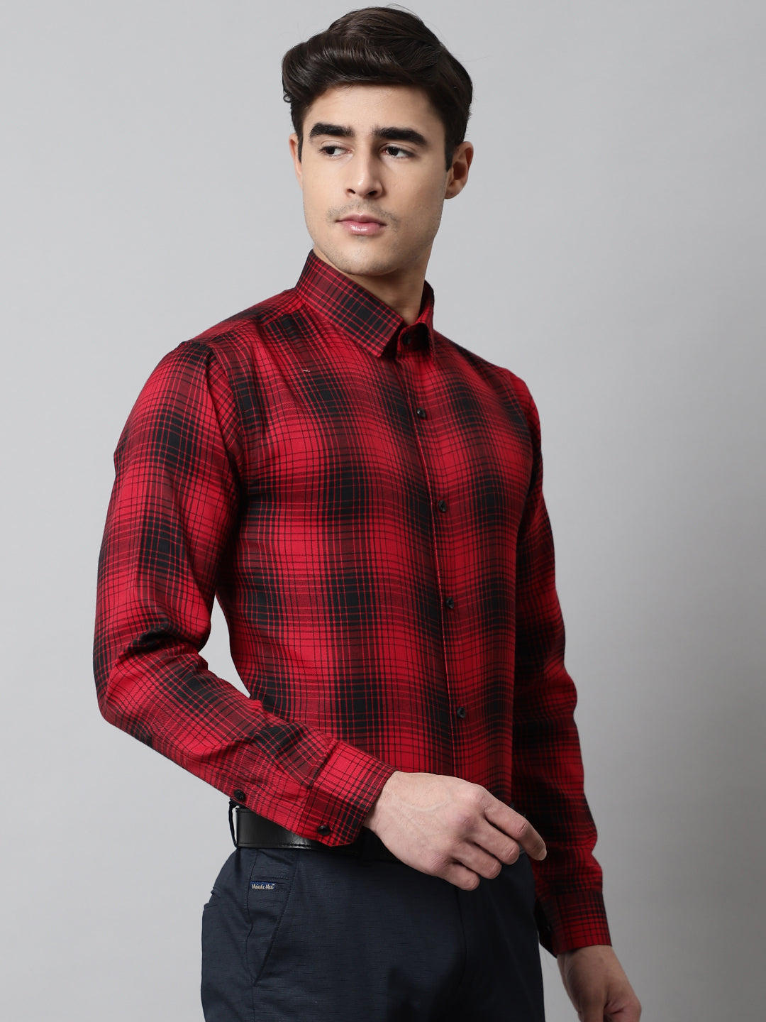 Men's Red Checks Regular Fit Cotton Formal Shirt - Taantav