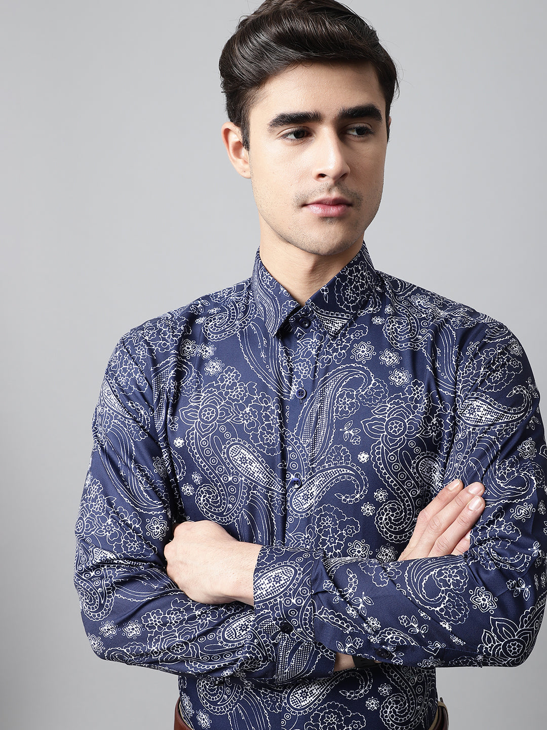 Men's Navy Blue Classic Printed Formal Shirt - Taantav