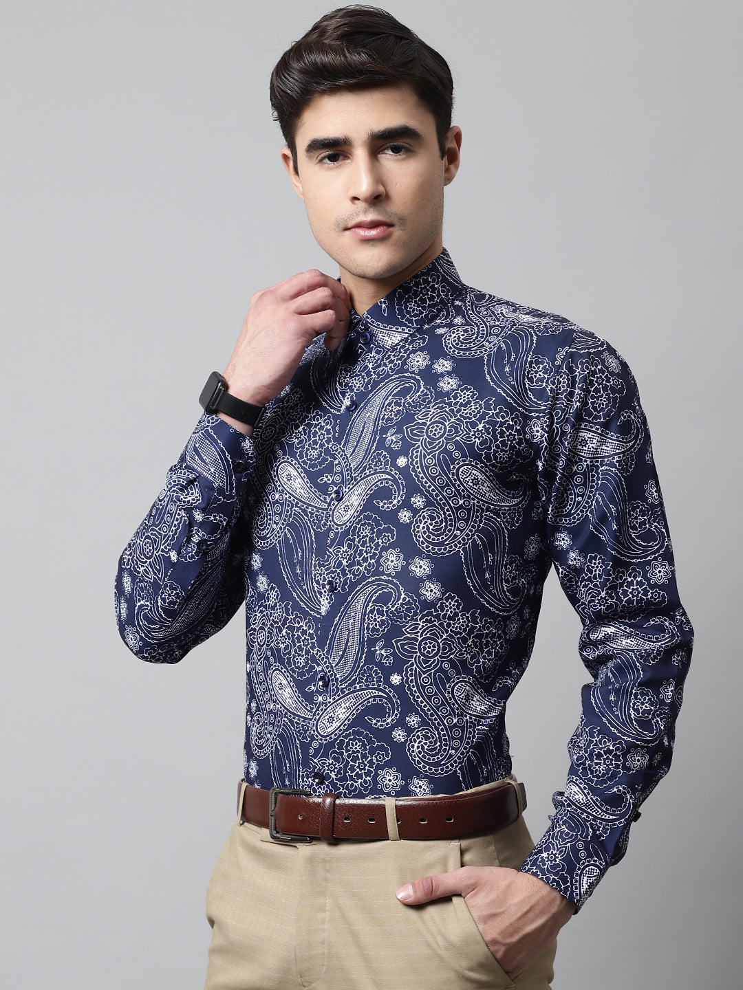 Men's Navy Blue Classic Printed Formal Shirt - Taantav