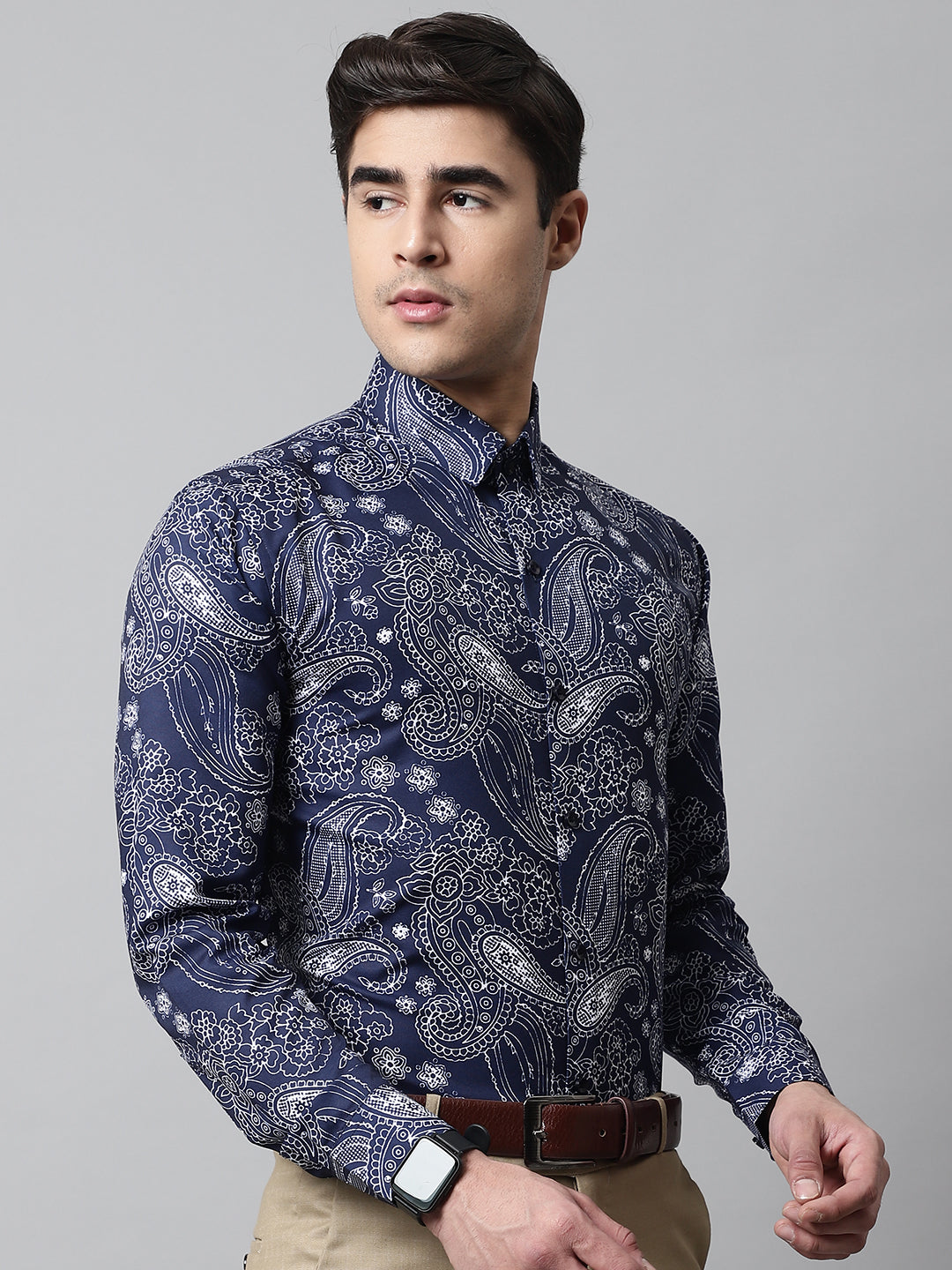 Men's Navy Blue Classic Printed Formal Shirt - Taantav