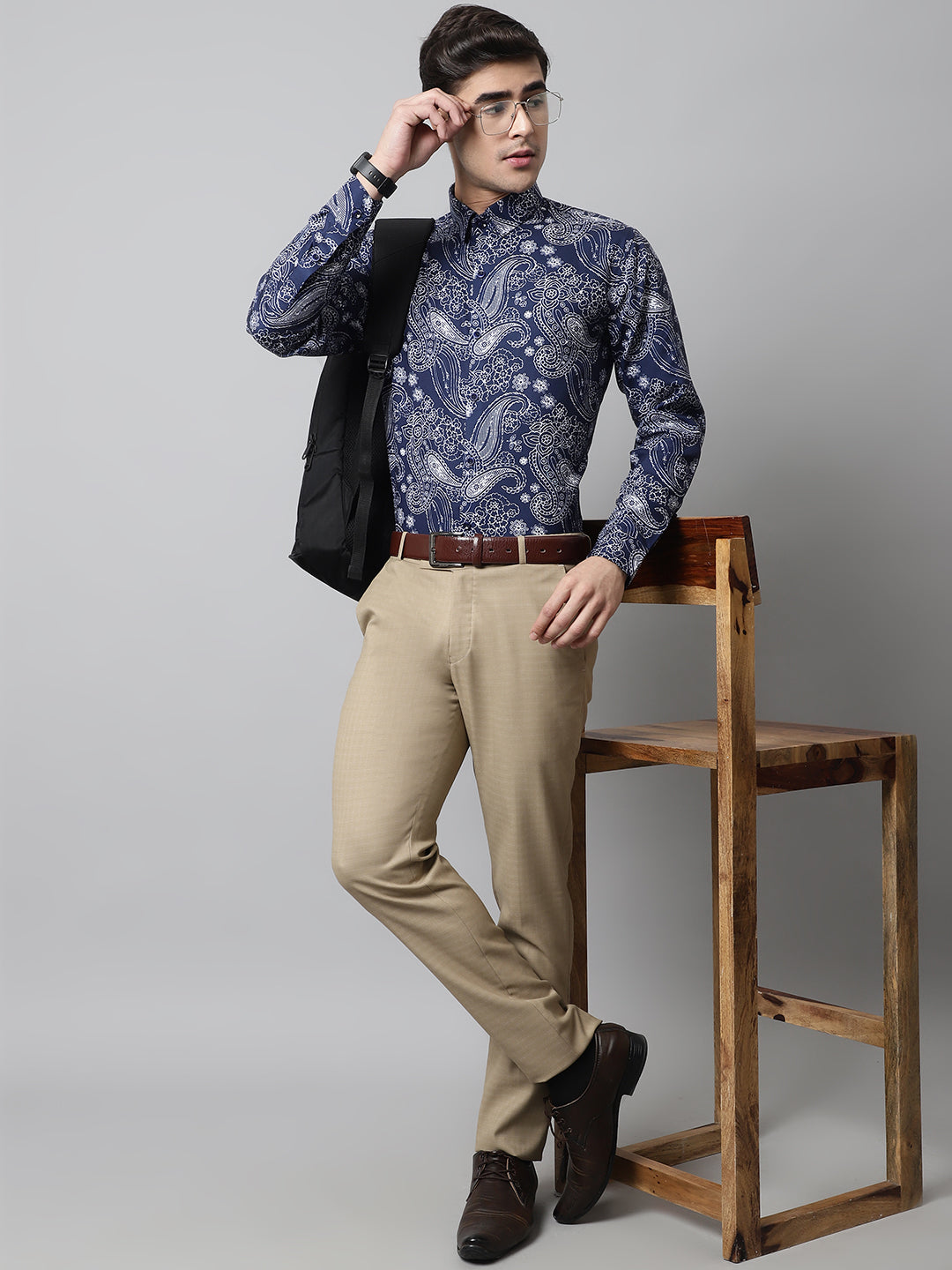 Men's Navy Blue Classic Printed Formal Shirt - Taantav