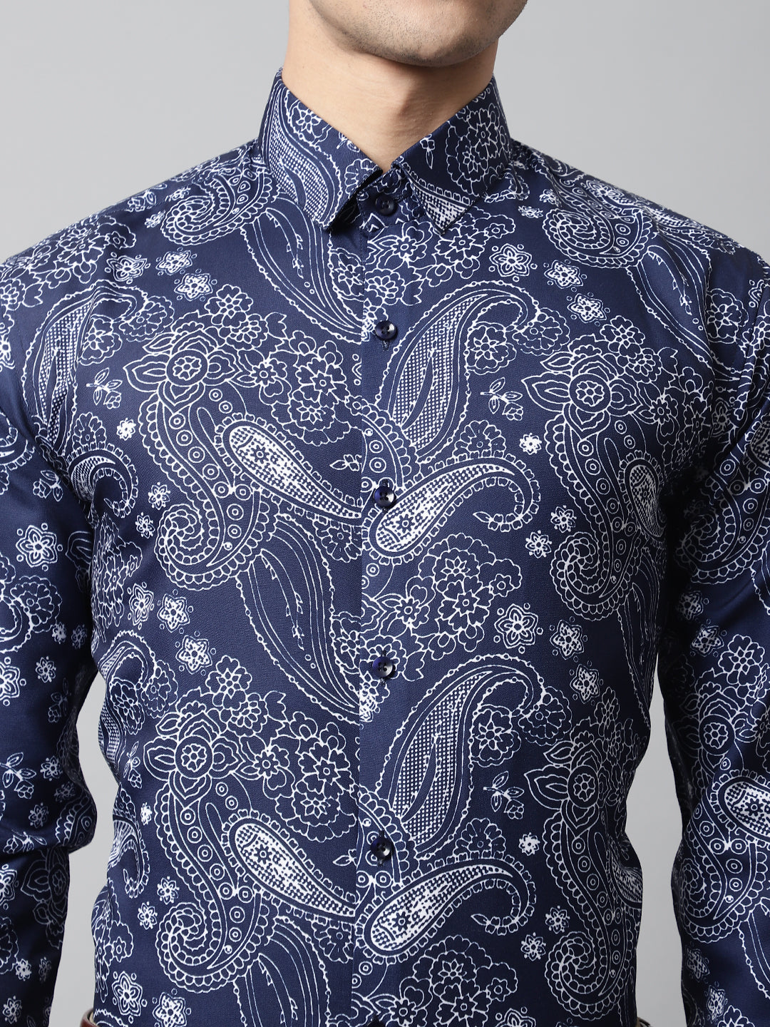 Men's Navy Blue Classic Printed Formal Shirt - Taantav