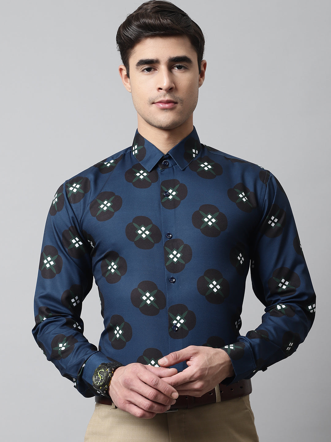 Men's Blue Classic Printed Formal Shirt - Taantav