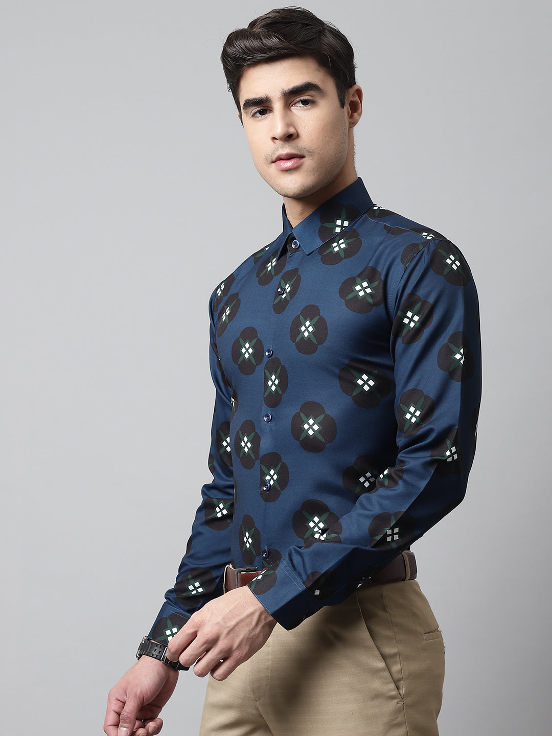 Men's Blue Classic Printed Formal Shirt - Taantav