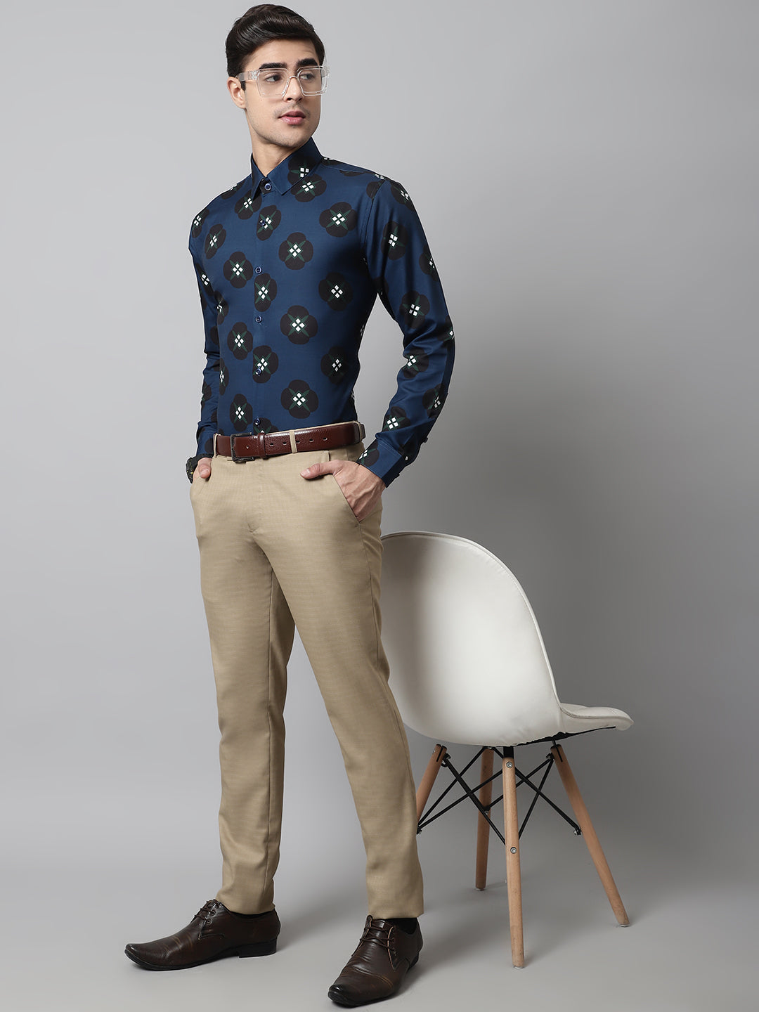 Men's Blue Classic Printed Formal Shirt - Taantav