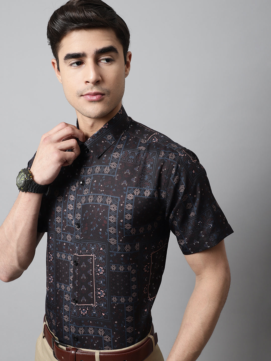 Men's Black Classic Printed Formal Shirt - Taantav