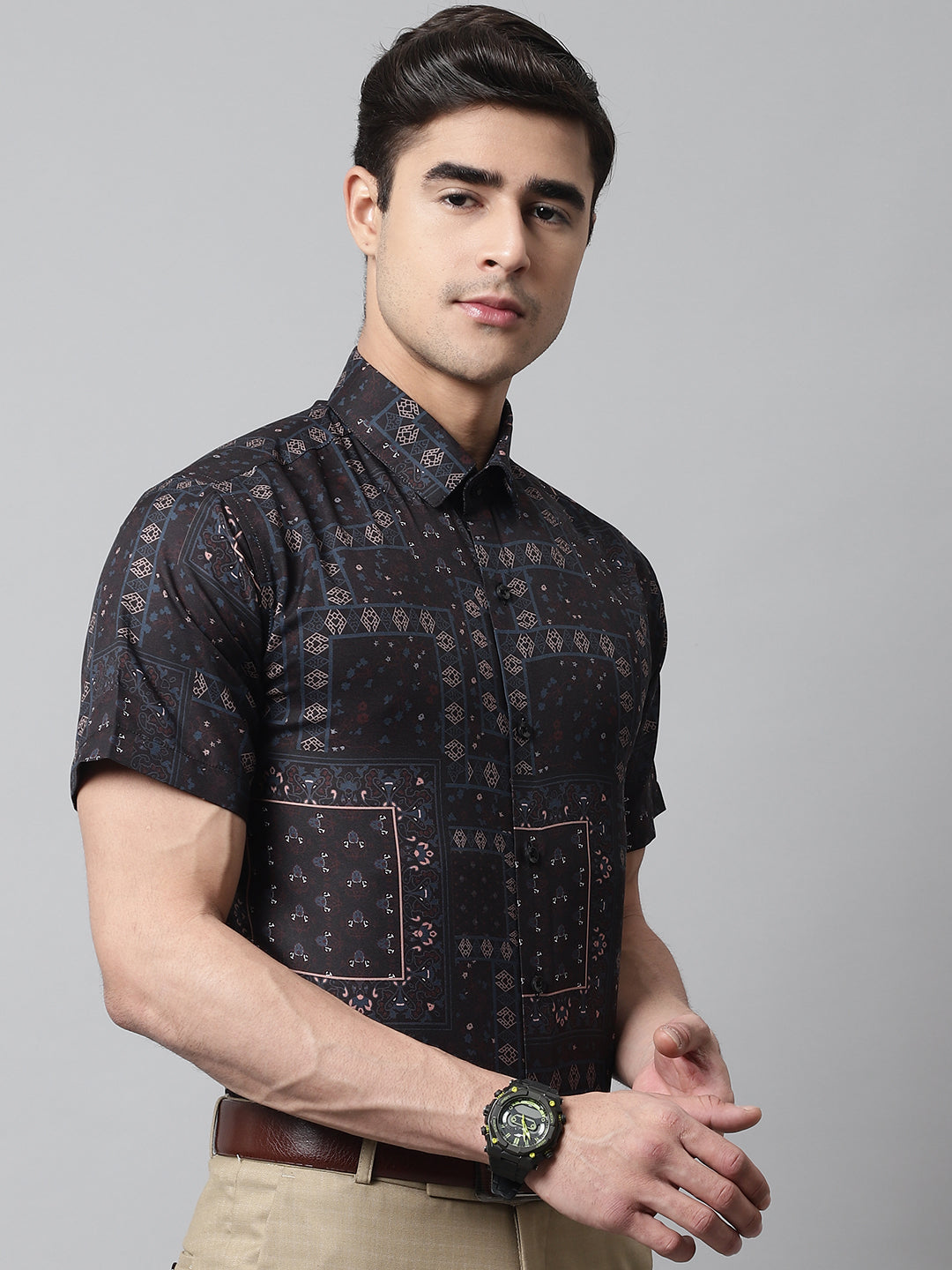 Men's Black Classic Printed Formal Shirt - Taantav