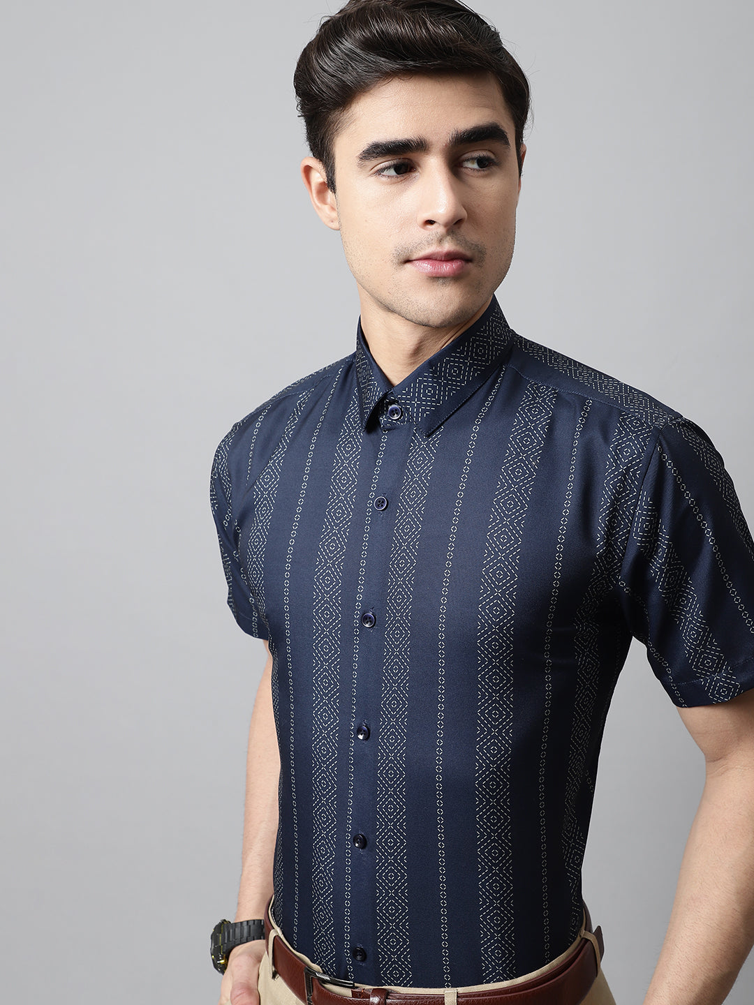 Men's Navy Blue Classic Printed Formal Shirt - Taantav