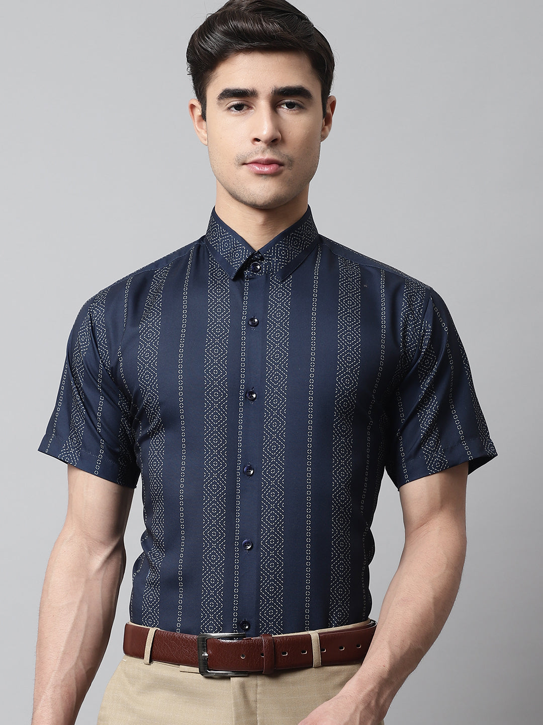 Men's Navy Blue Classic Printed Formal Shirt - Taantav