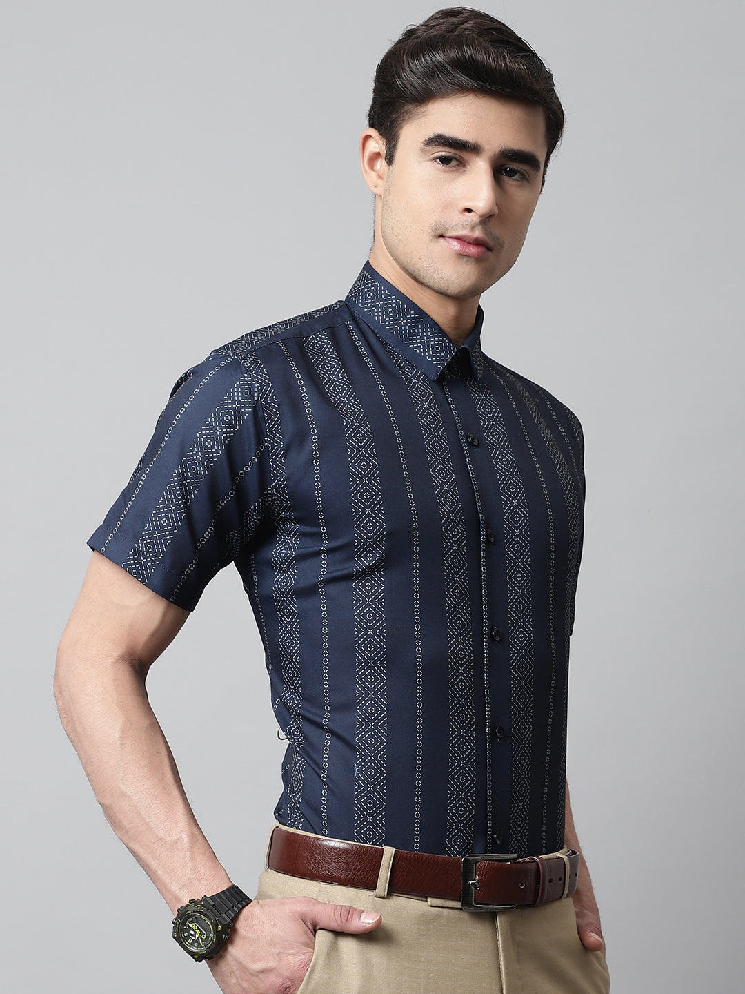 Men's Navy Blue Classic Printed Formal Shirt - Taantav