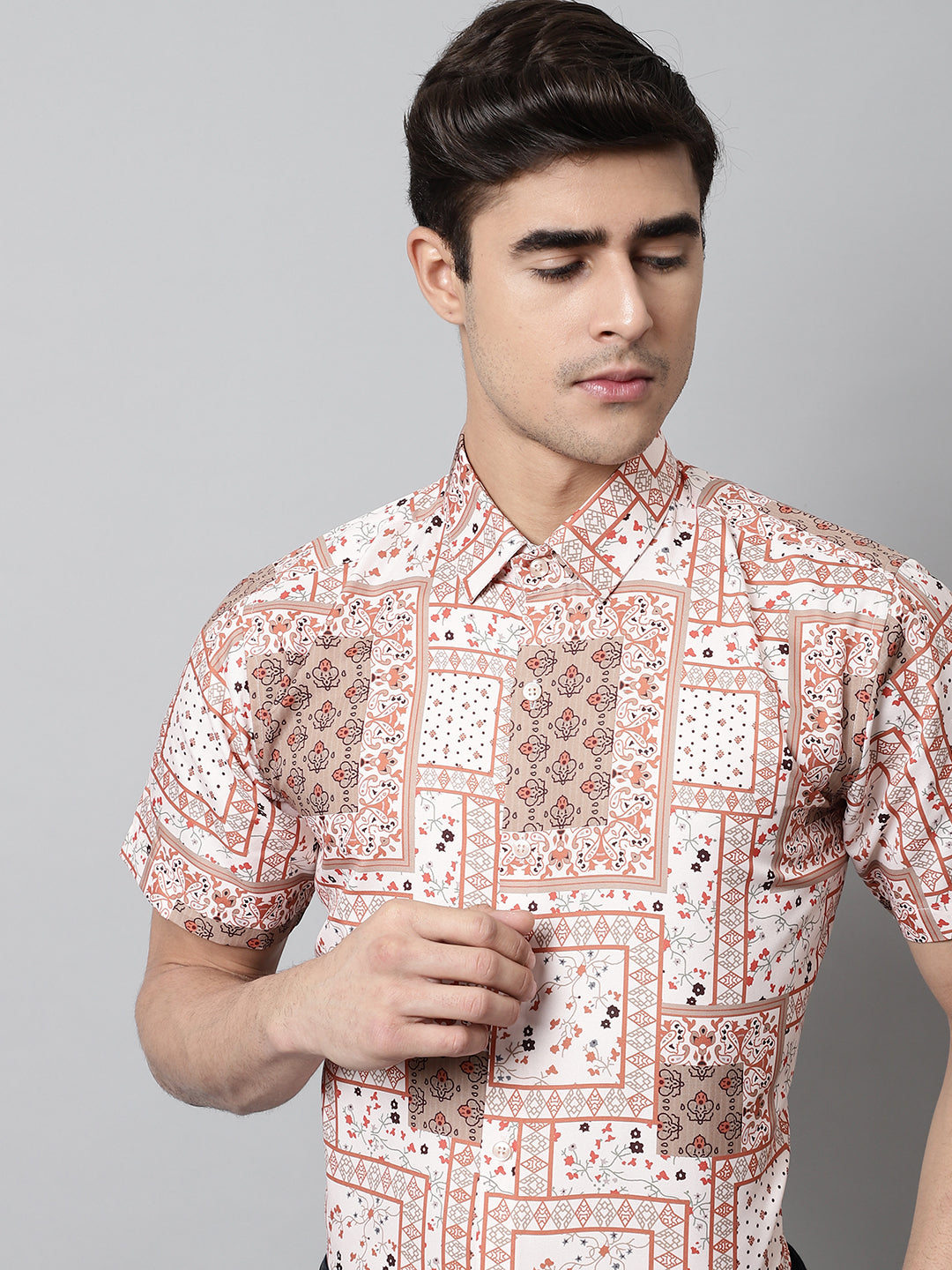 Men's Peach Classic Printed Formal Shirt - Taantav