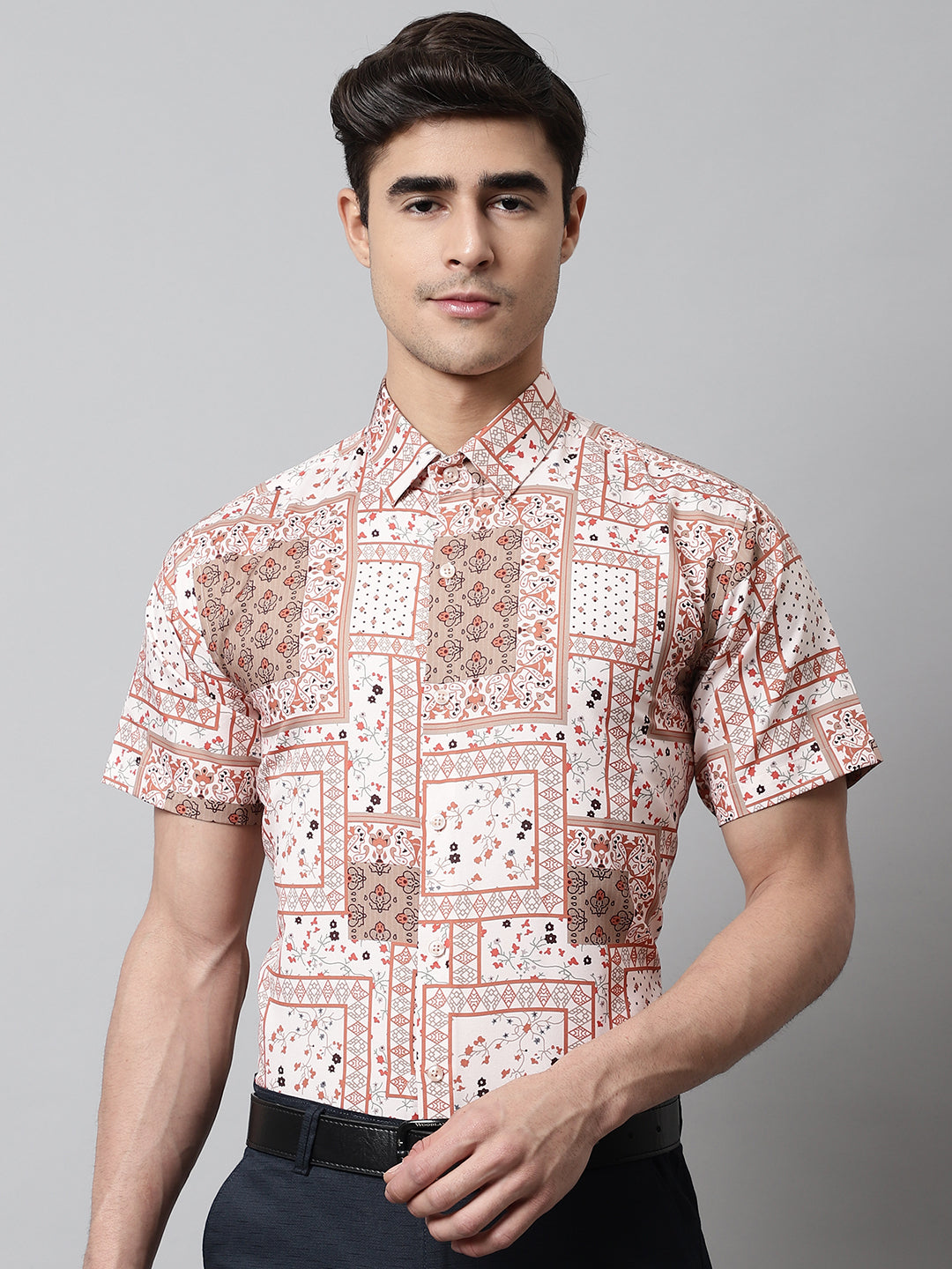 Men's Peach Classic Printed Formal Shirt - Taantav