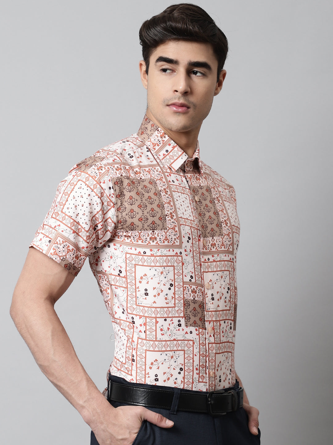 Men's Peach Classic Printed Formal Shirt - Taantav