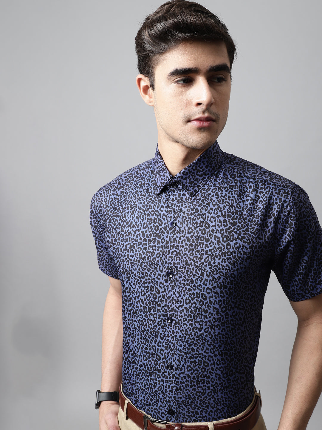 Men's Navy Blue Classic Printed Formal Shirt - Taantav