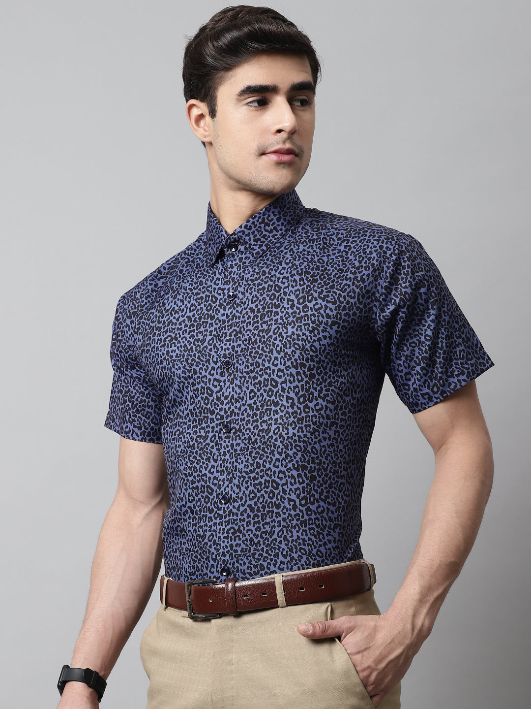 Men's Navy Blue Classic Printed Formal Shirt - Taantav