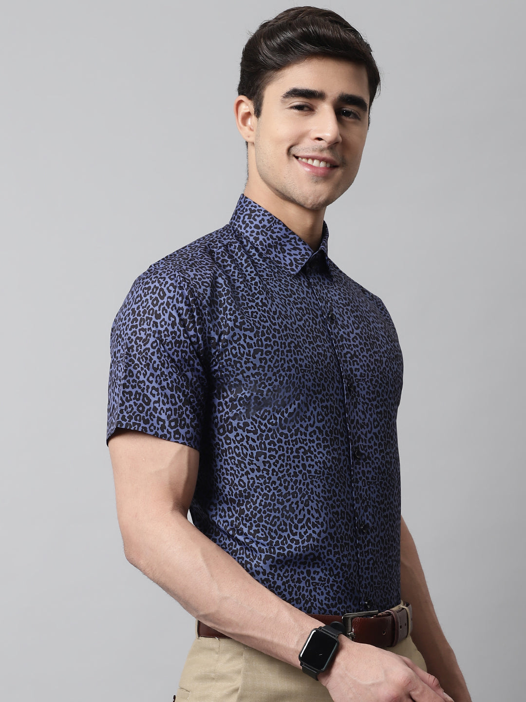 Men's Navy Blue Classic Printed Formal Shirt - Taantav