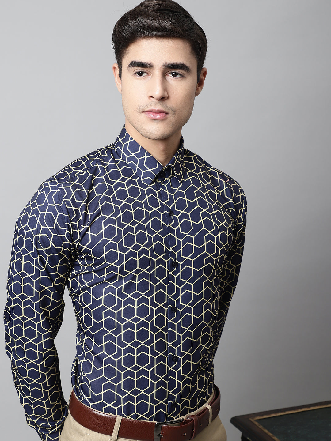 Men's Navy Blue Classic Printed Formal Shirt - Taantav