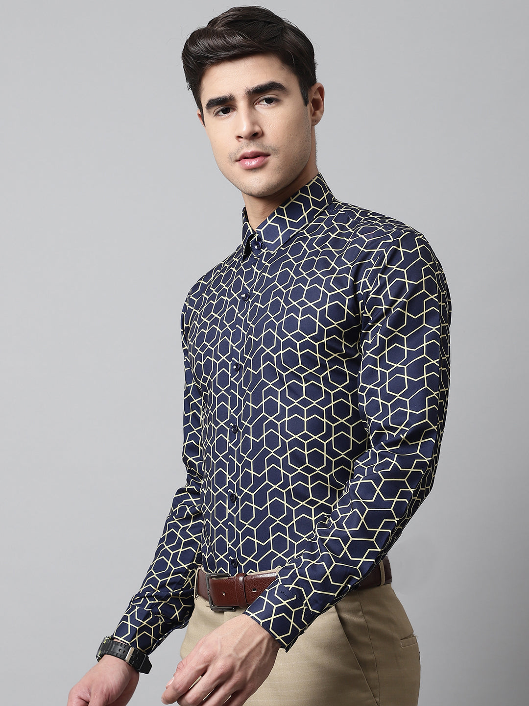 Men's Navy Blue Classic Printed Formal Shirt - Taantav