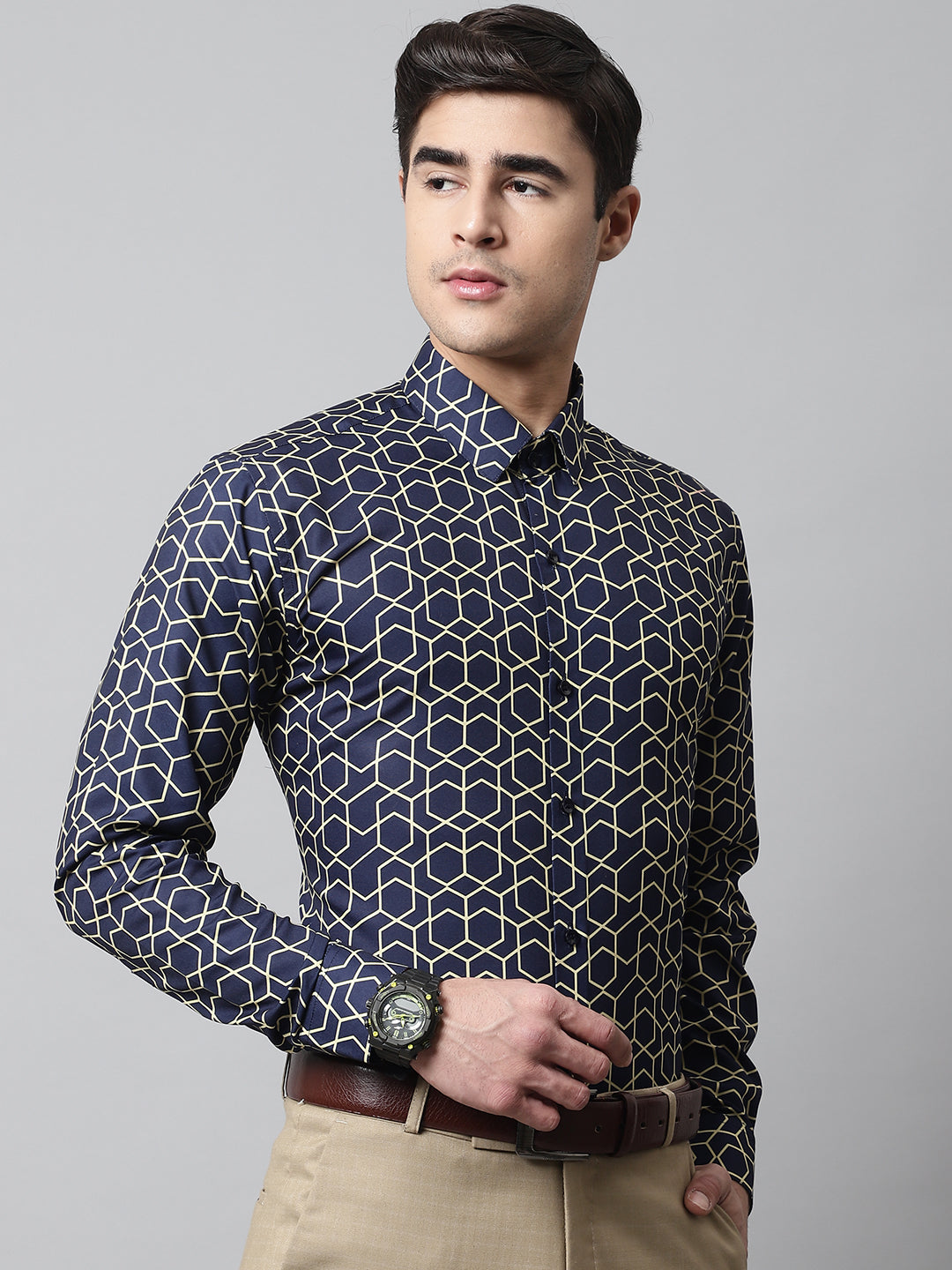 Men's Navy Blue Classic Printed Formal Shirt - Taantav