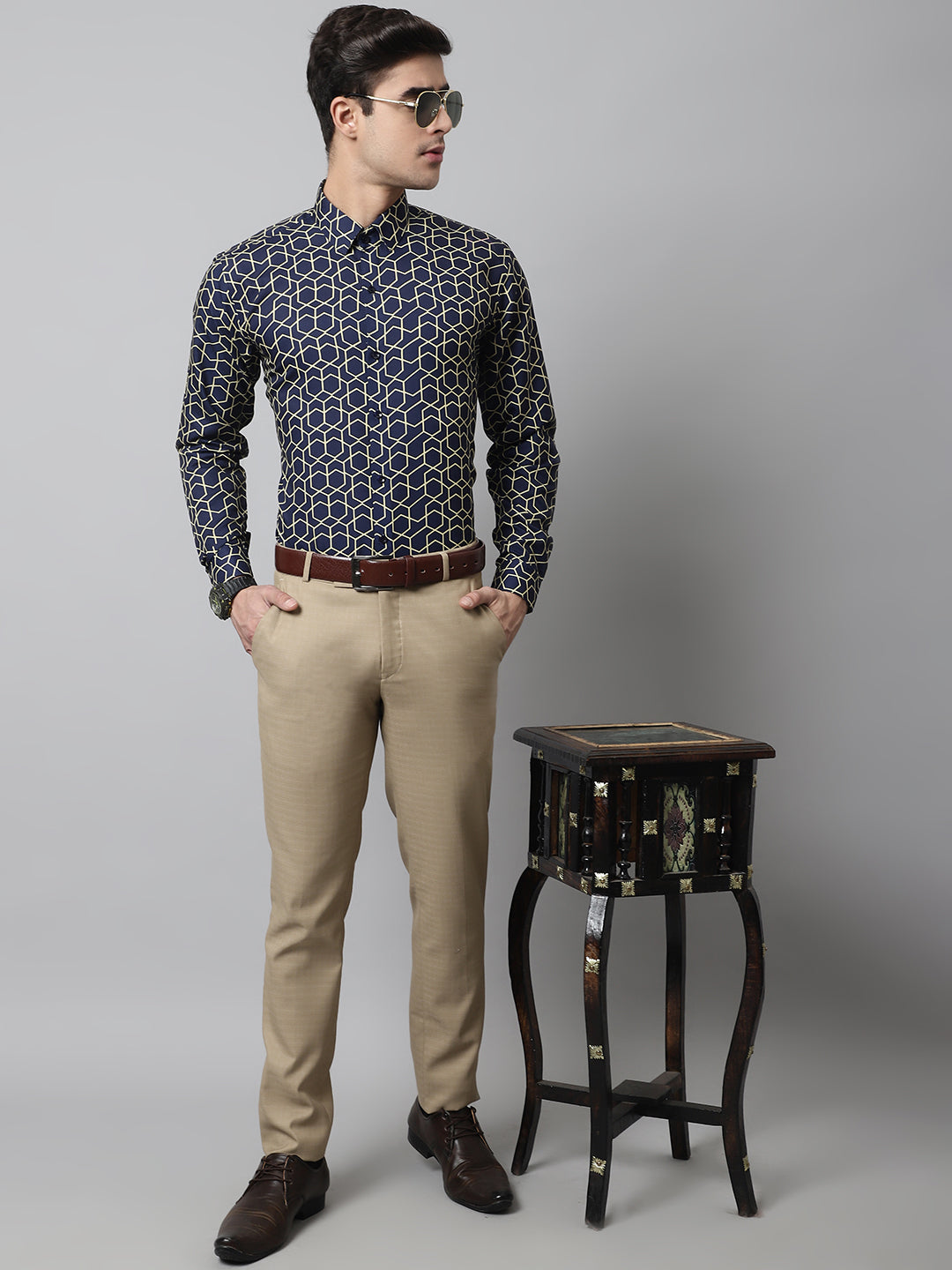 Men's Navy Blue Classic Printed Formal Shirt - Taantav