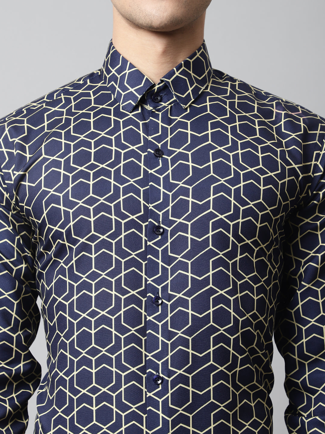 Men's Navy Blue Classic Printed Formal Shirt - Taantav