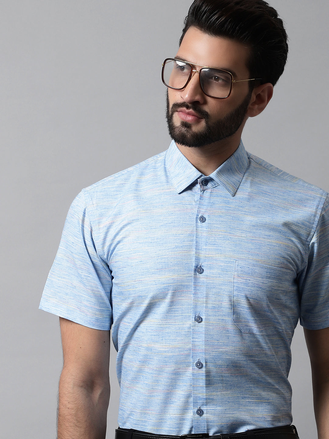 Men's Blue Woven Design Short Sleeves Formal Shirt - Taantav