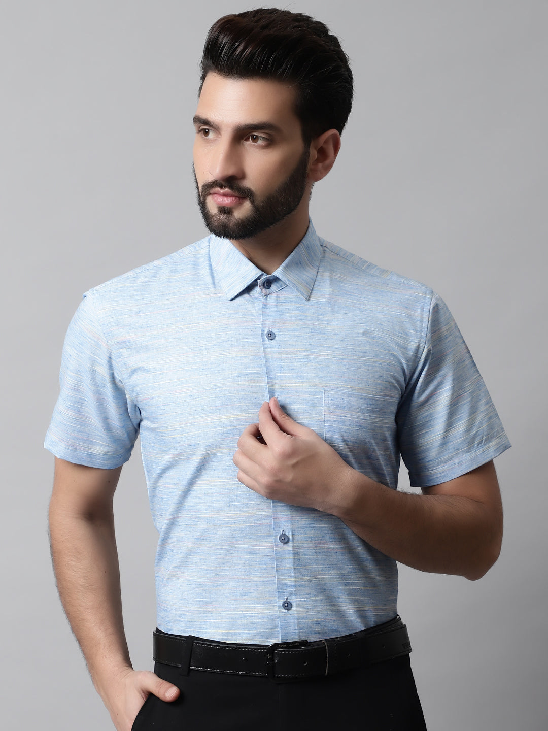 Men's Blue Woven Design Short Sleeves Formal Shirt - Taantav