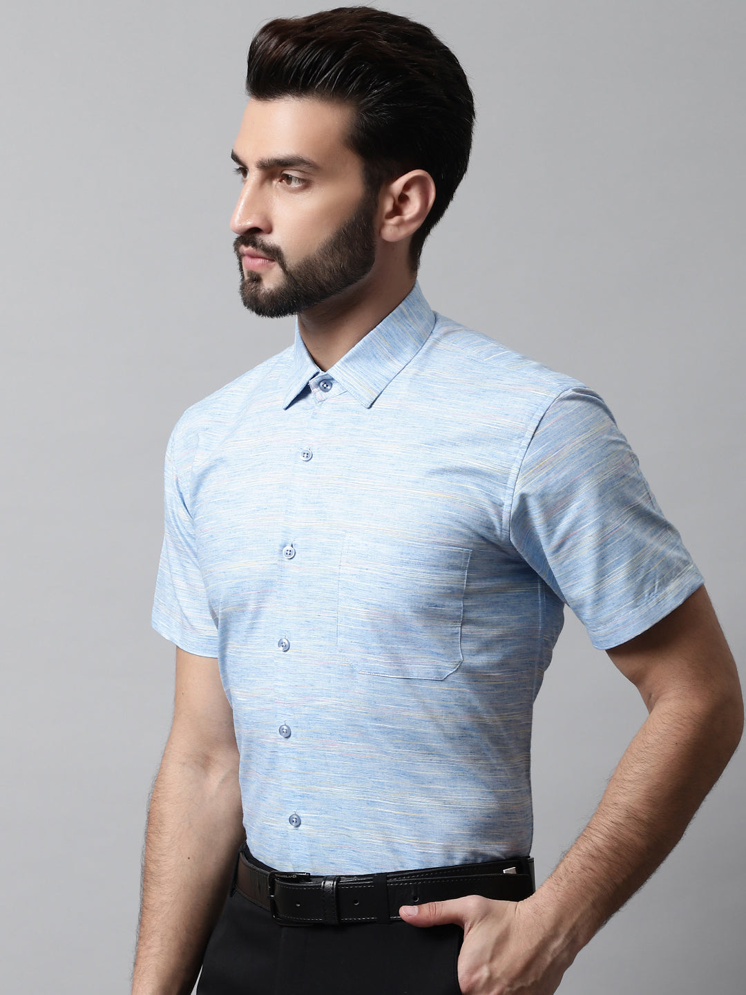 Men's Blue Woven Design Short Sleeves Formal Shirt - Taantav