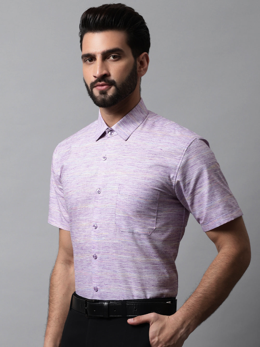 Men's Purple Woven Design Short Sleeves Formal Shirt - Taantav